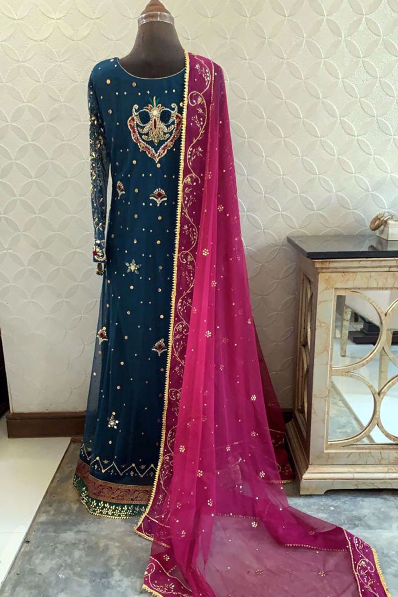 Teal Zardozi Kamdani Net Pishwas (3-Piece) - Image 3