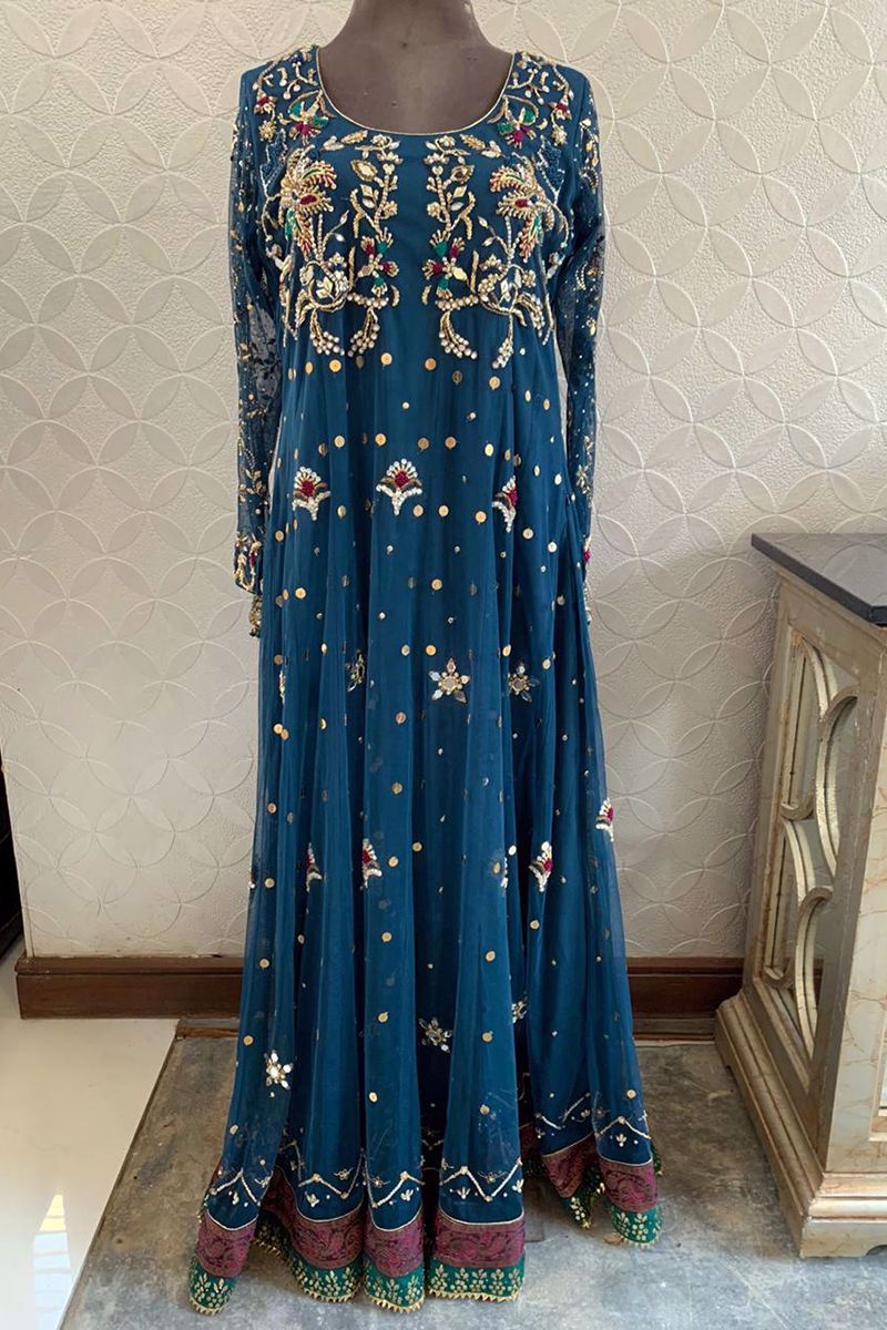 Teal Zardozi Kamdani Net Pishwas (3-Piece) - Image 4