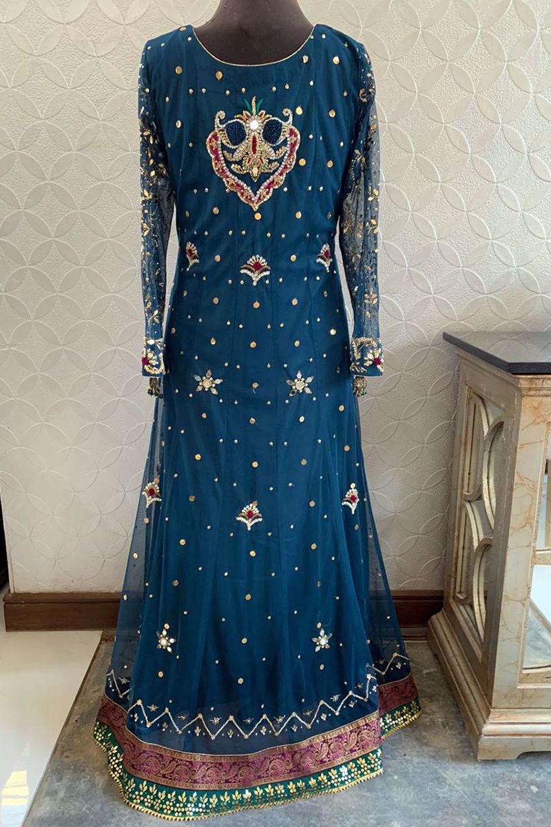 Teal Zardozi Kamdani Net Pishwas (3-Piece) - Image 5
