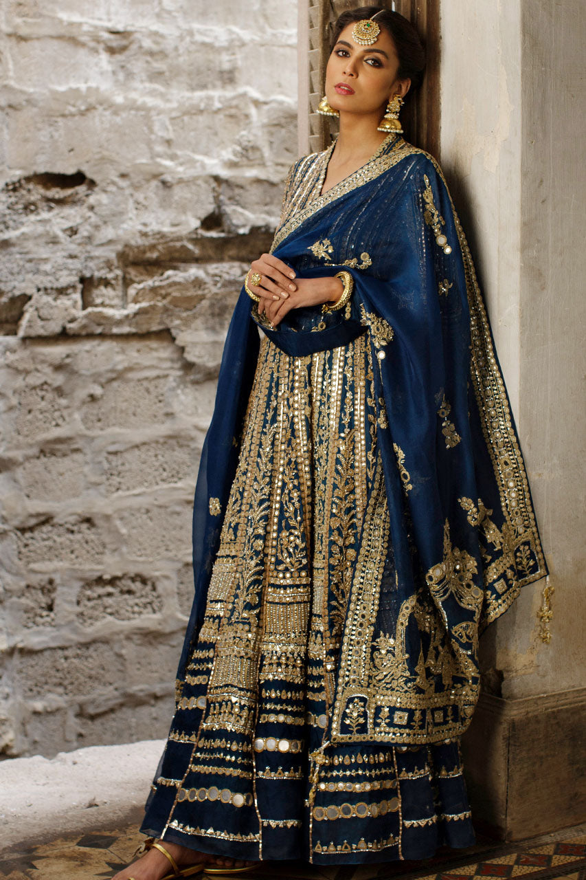 Teal Mirror Work Organza Pishwas Dress (2-Piece) - Image 1