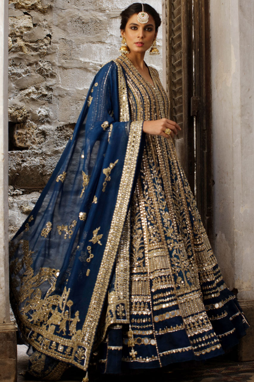 Teal Mirror Work Organza Pishwas Dress (2-Piece) - Image 2