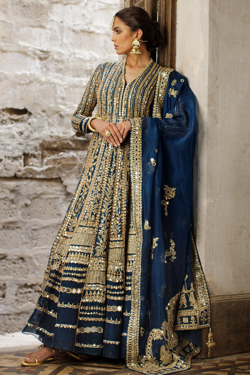 Teal Mirror Work Organza Pishwas Dress (2-Piece) - Image 3