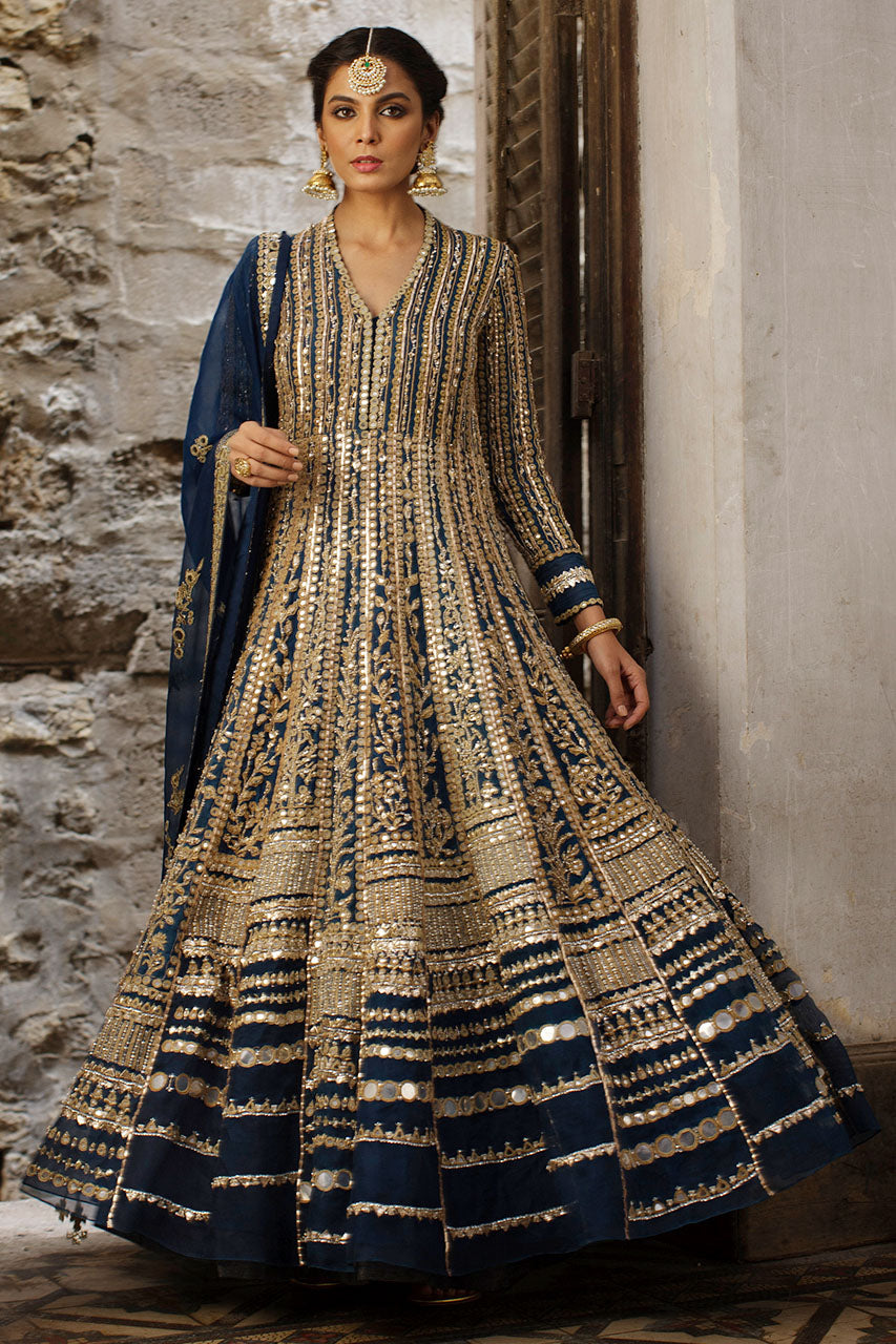 Teal Mirror Work Organza Pishwas Dress (2-Piece) - Image 4