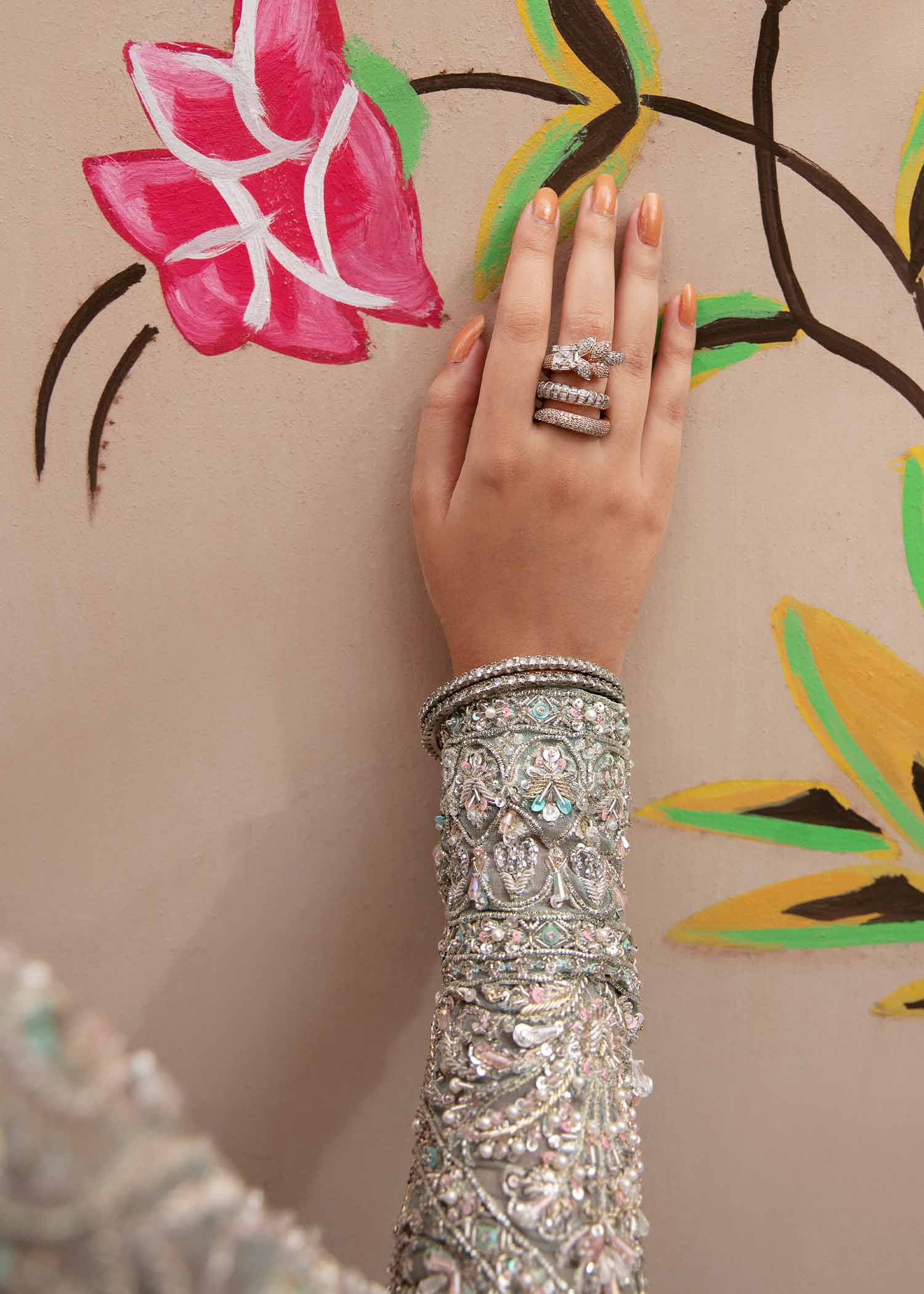 Pakistani Ferozi Sequined Organza Pishwas Dress (4-Piece) - Image 2