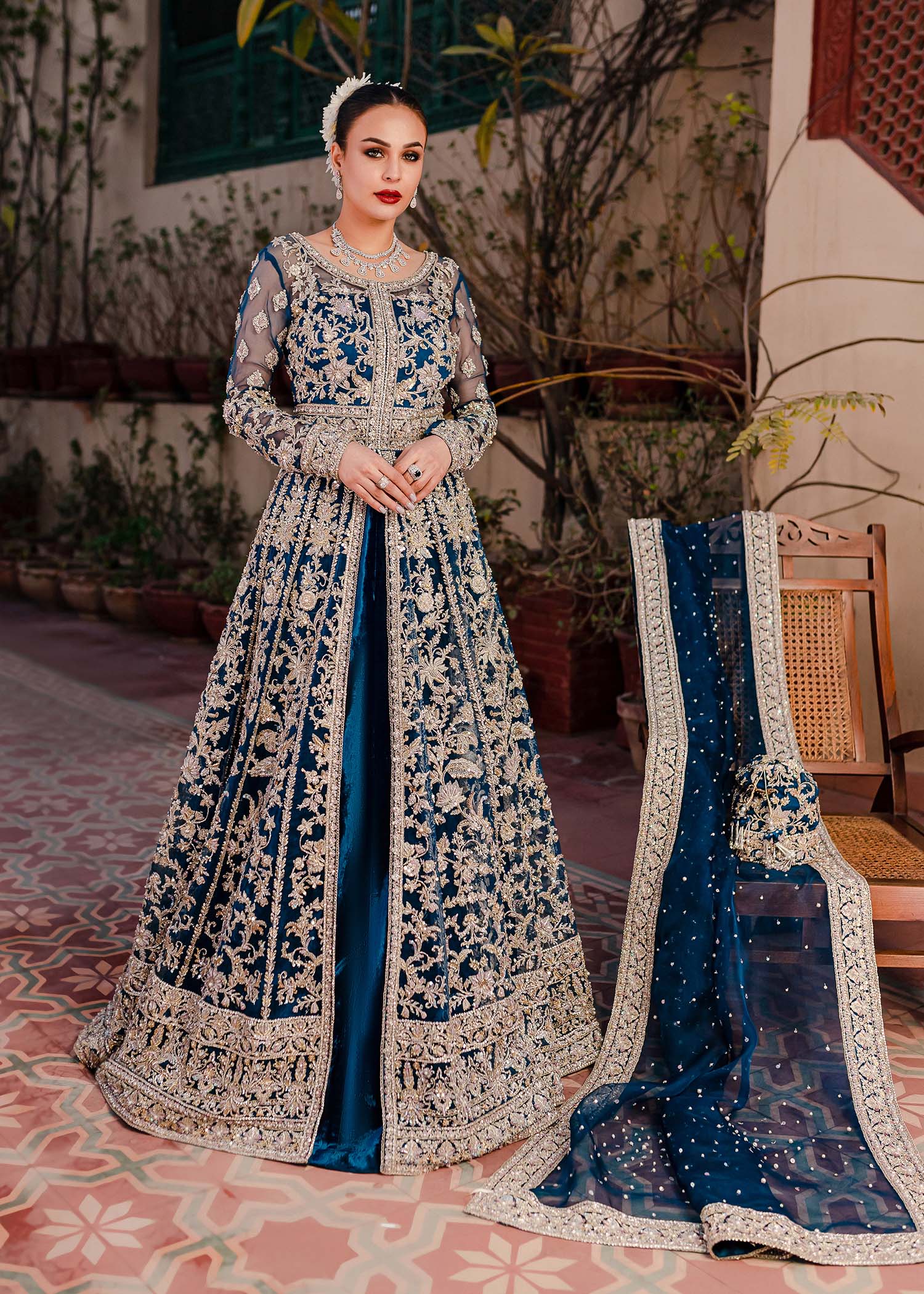 Pakistani Teal Embroidered Organza & Velvet Pishwas (3-Piece) - Image 4