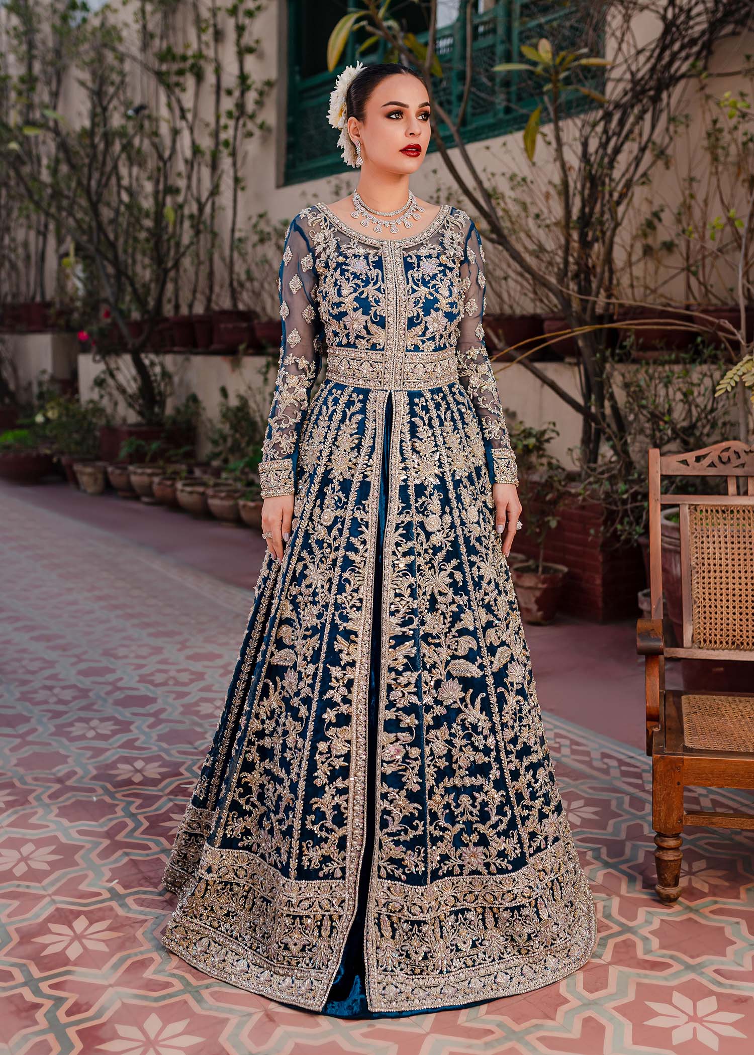 Pakistani Teal Embroidered Organza & Velvet Pishwas (3-Piece) - Image 7