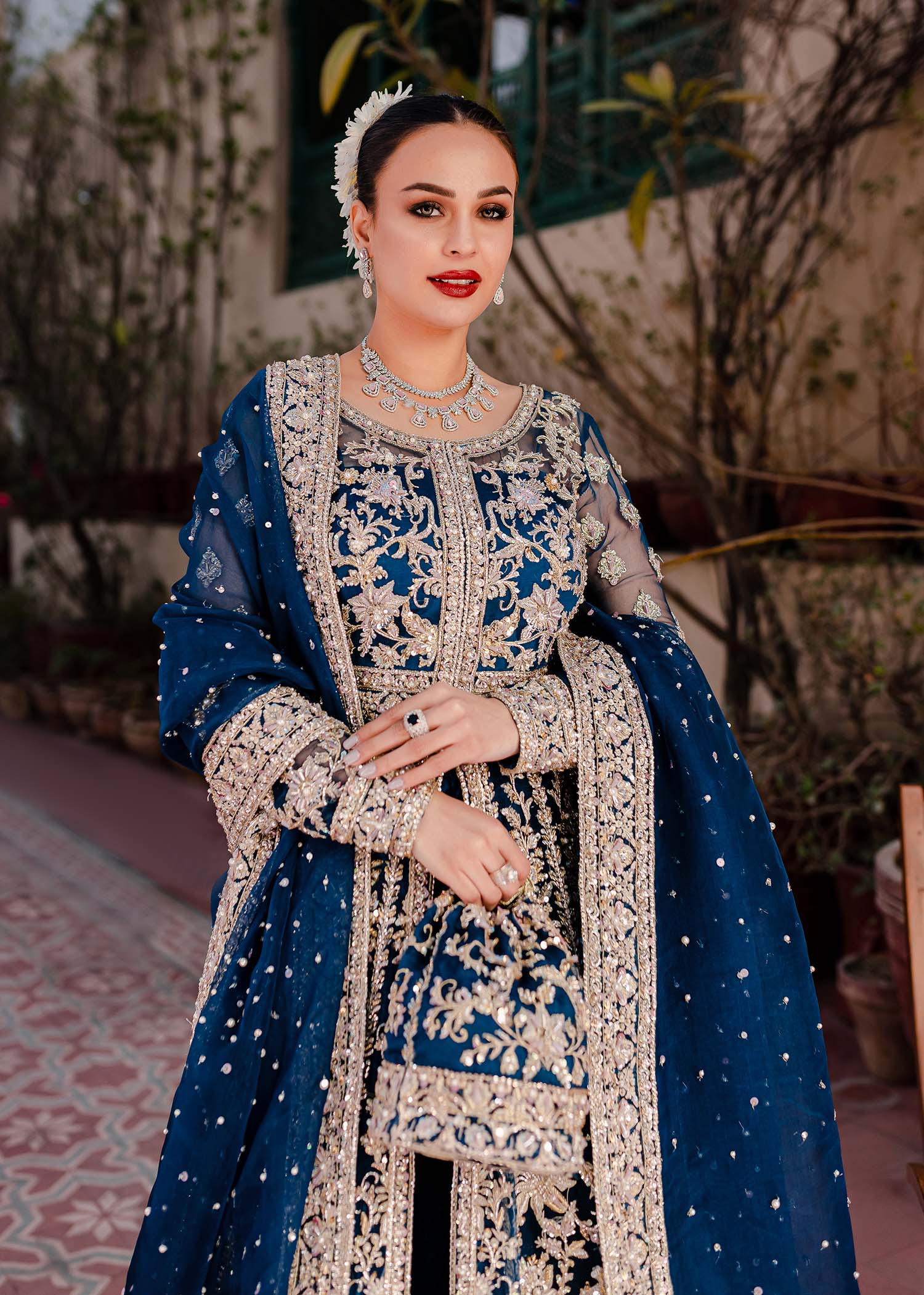 Pakistani Teal Embroidered Organza & Velvet Pishwas (3-Piece) - Image 8