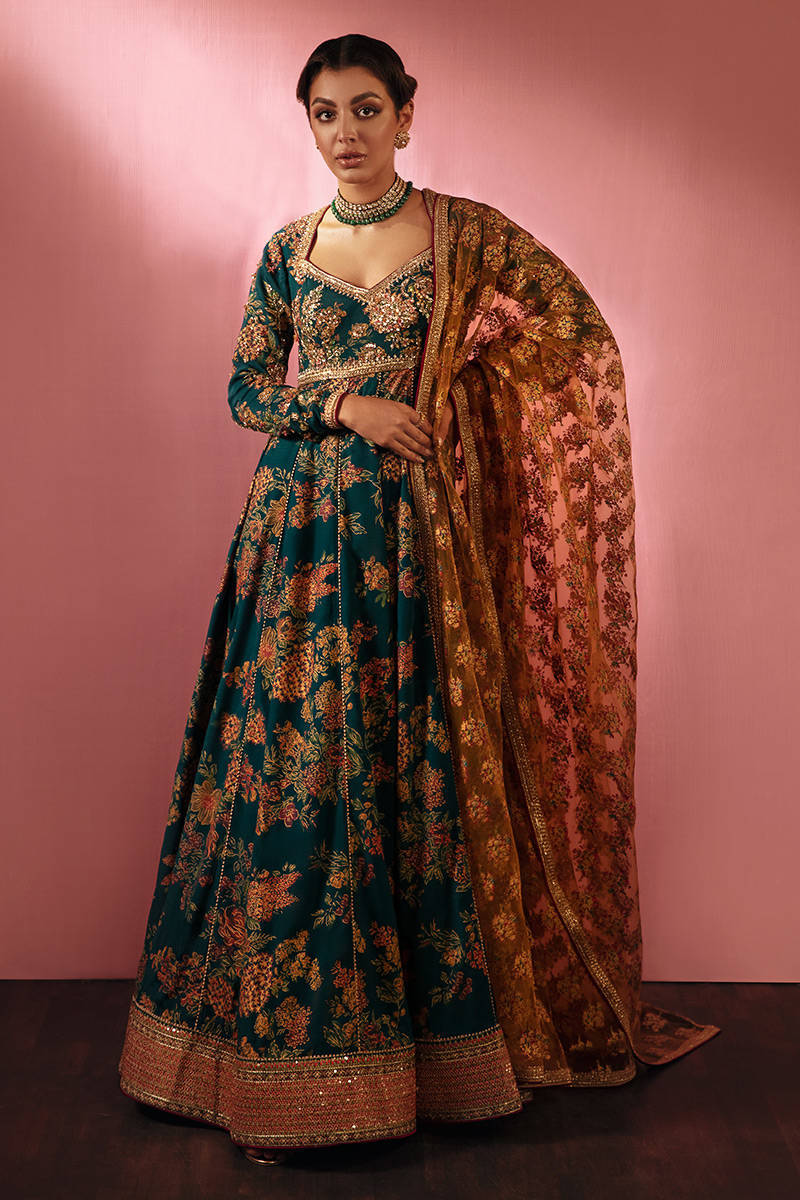 Pakistani Teal Blue Embellished Raw Silk Pishwas (3-Piece) - Image 1