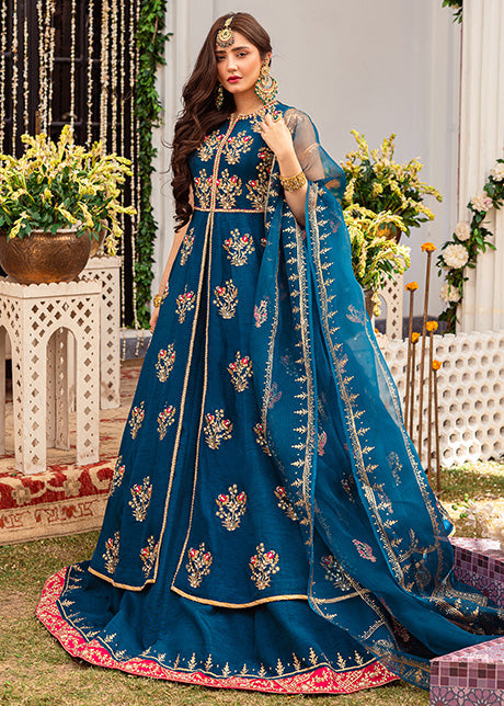 Teal Embroidered Korean Raw Silk Pishwas Lehnga (3-Piece) - Image 1