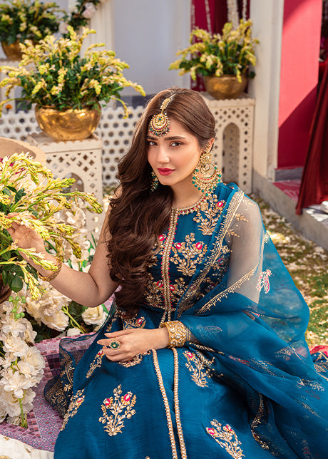 Teal Embroidered Korean Raw Silk Pishwas Lehnga (3-Piece) - Image 2