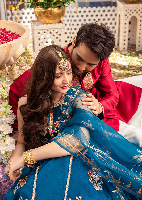 Teal Embroidered Korean Raw Silk Pishwas Lehnga (3-Piece) - Image 3