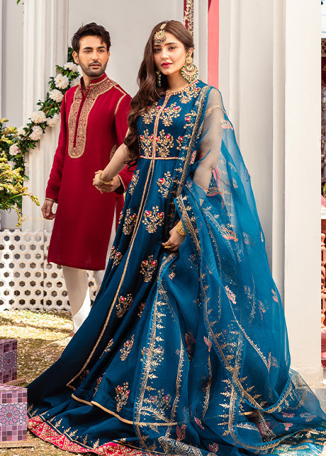 Teal Embroidered Korean Raw Silk Pishwas Lehnga (3-Piece) - Image 4