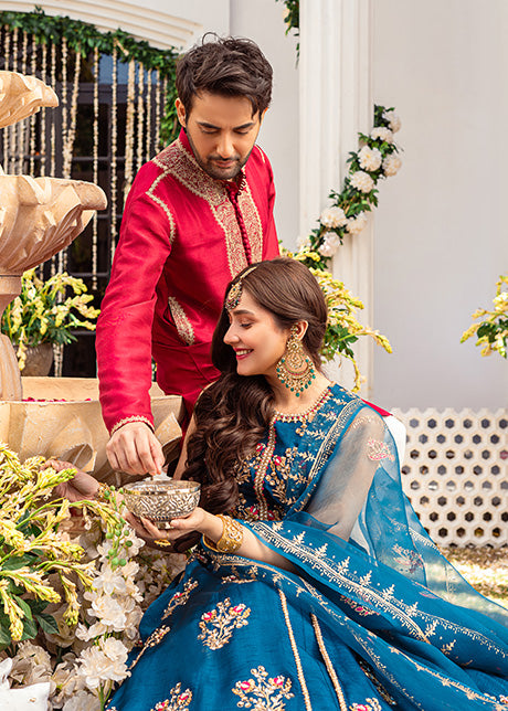 Teal Embroidered Korean Raw Silk Pishwas Lehnga (3-Piece) - Image 6