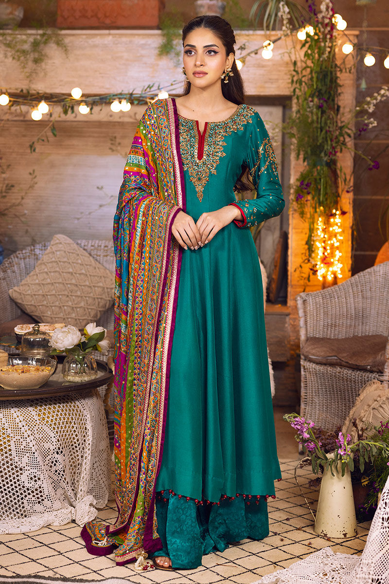 Pakistani Teal Handworked Pure Raw Silk Kalidaar Pishwas (3-Piece) - Image 1