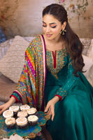 Pakistani Teal Handworked Pure Raw Silk Kalidaar Pishwas (3-Piece) - Image 4