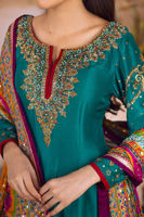 Pakistani Teal Handworked Pure Raw Silk Kalidaar Pishwas (3-Piece) - Image 6