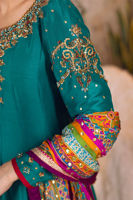 Pakistani Teal Handworked Pure Raw Silk Kalidaar Pishwas (3-Piece) - Image 8