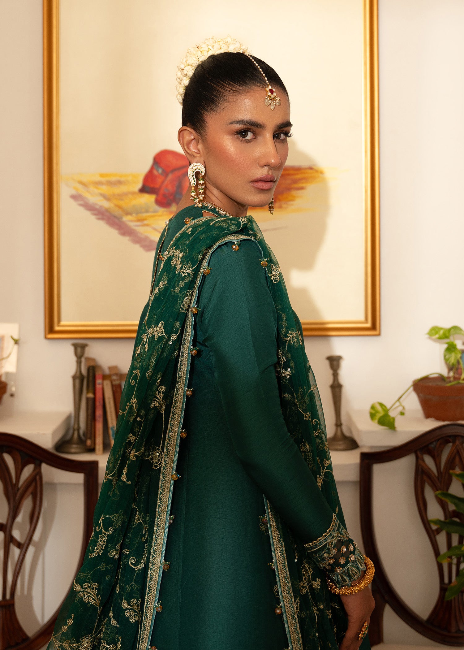 Pakistani Teal Embroidered Korean Raw Silk Pishwas (3-Piece) - Image 2