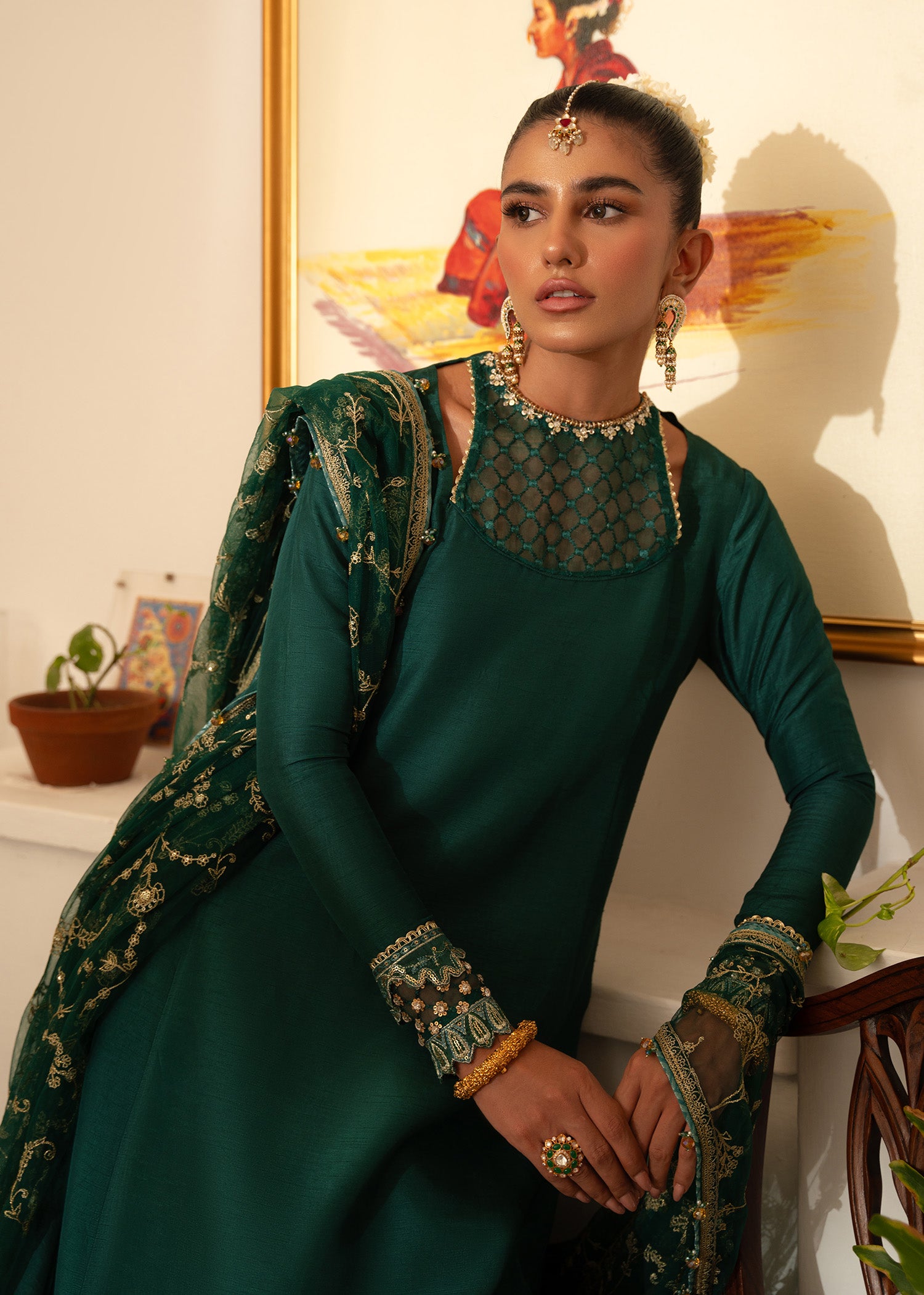 Pakistani Teal Embroidered Korean Raw Silk Pishwas (3-Piece) - Image 5