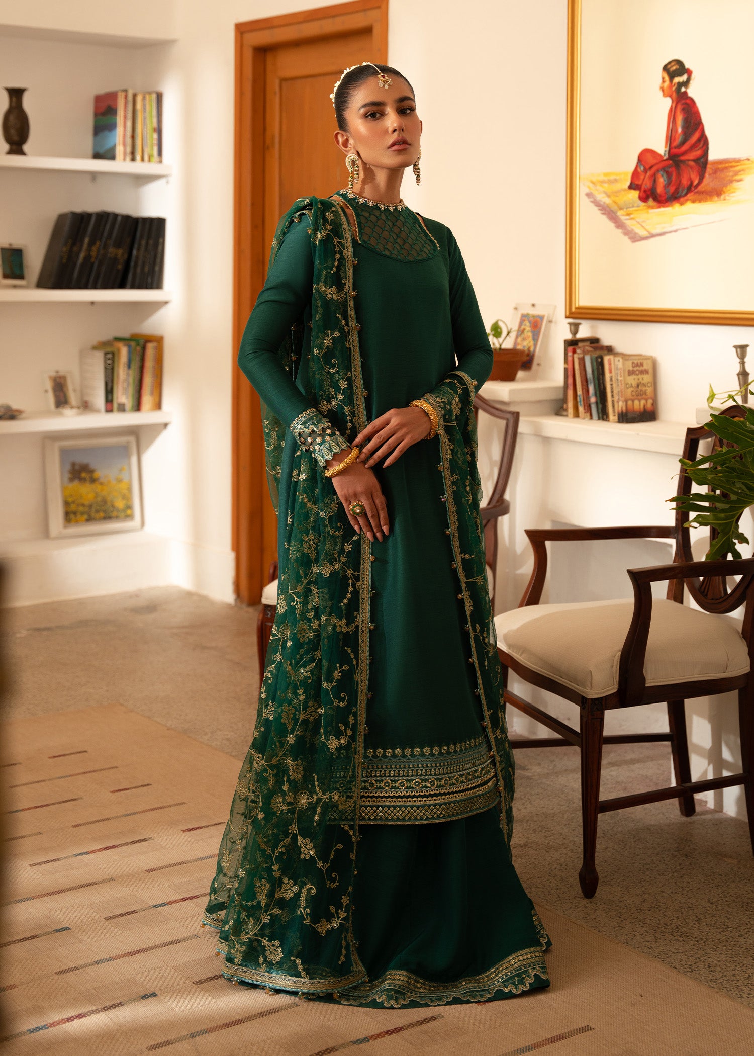 Pakistani Teal Embroidered Korean Raw Silk Pishwas (3-Piece) - Image 6