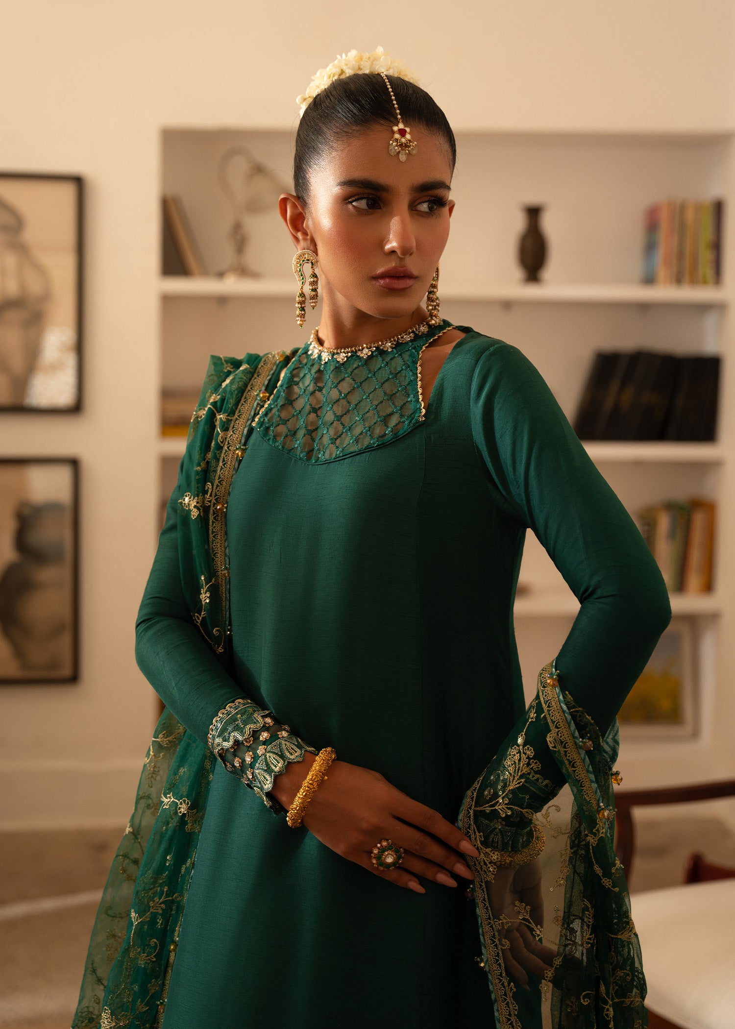 Pakistani Teal Embroidered Korean Raw Silk Pishwas (3-Piece) - Image 7