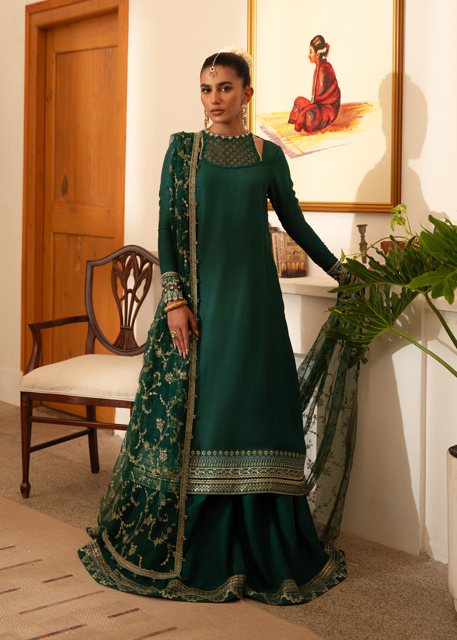 Pakistani Teal Embroidered Korean Raw Silk Pishwas (3-Piece) - Image 8