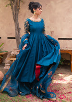 Teal Embroidered Korean Rawsilk Kalidar Pishwas (3-Piece) - Image 2