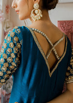 Teal Embroidered Korean Rawsilk Kalidar Pishwas (3-Piece) - Image 3