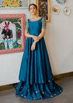 Teal Embroidered Korean Rawsilk Kalidar Pishwas (3-Piece) - Image 4