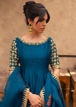 Teal Embroidered Korean Rawsilk Kalidar Pishwas (3-Piece) - Image 5