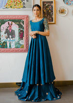 Teal Embroidered Korean Rawsilk Kalidar Pishwas (3-Piece) - Image 6