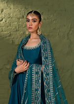 Teal Embroidered Korean Rawsilk Pishwas (2-Piece) - Image 7