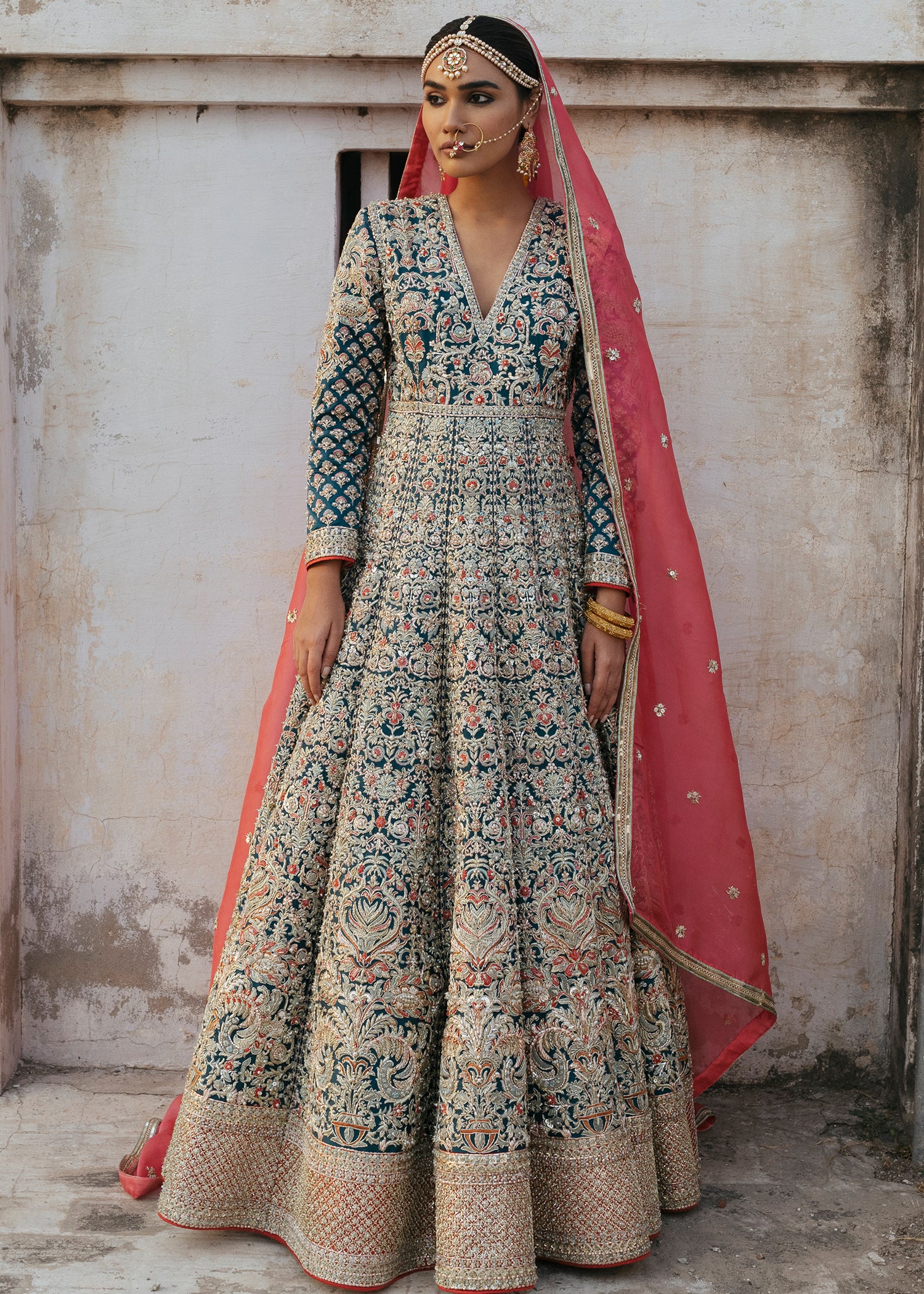 Deep Teal Metallic Embroidered Silk Blend Pishwas (2-Piece) - Image 10