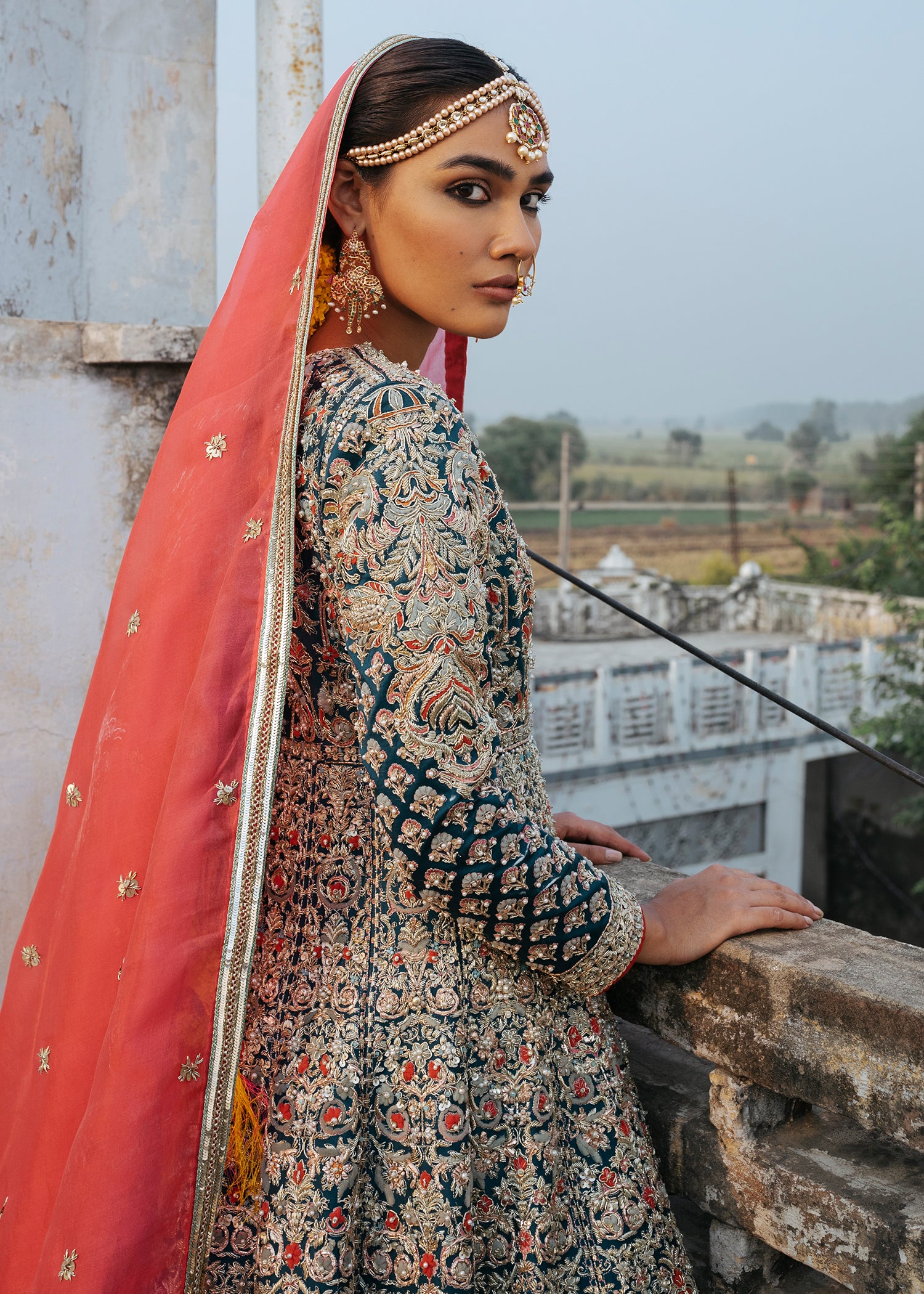 Deep Teal Metallic Embroidered Silk Blend Pishwas (2-Piece) - Image 3