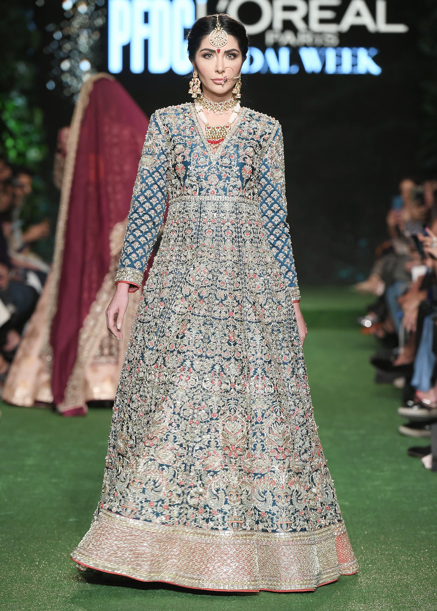 Deep Teal Metallic Embroidered Silk Blend Pishwas (2-Piece) - Image 5