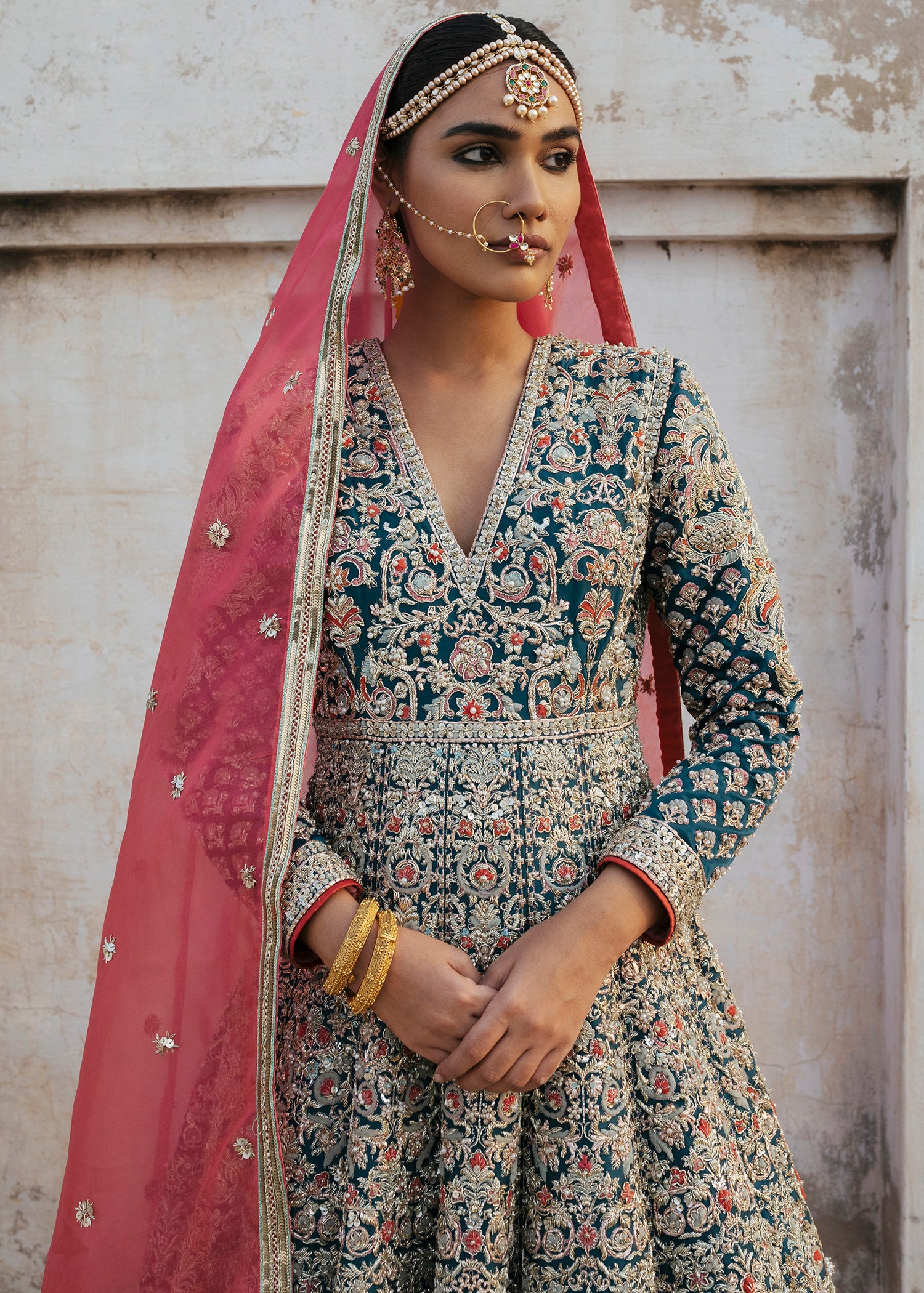 Deep Teal Metallic Embroidered Silk Blend Pishwas (2-Piece) - Image 9