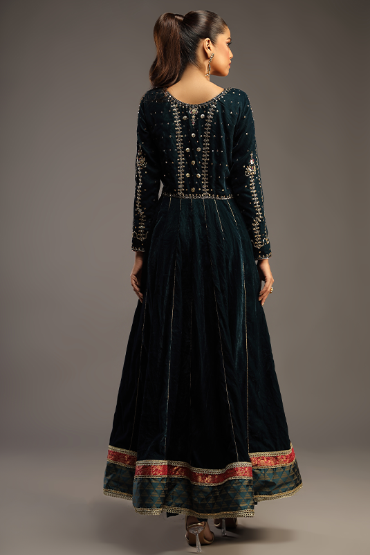 Teal Handworked Velvet Pishwas Dress (3-Piece) - Image 1