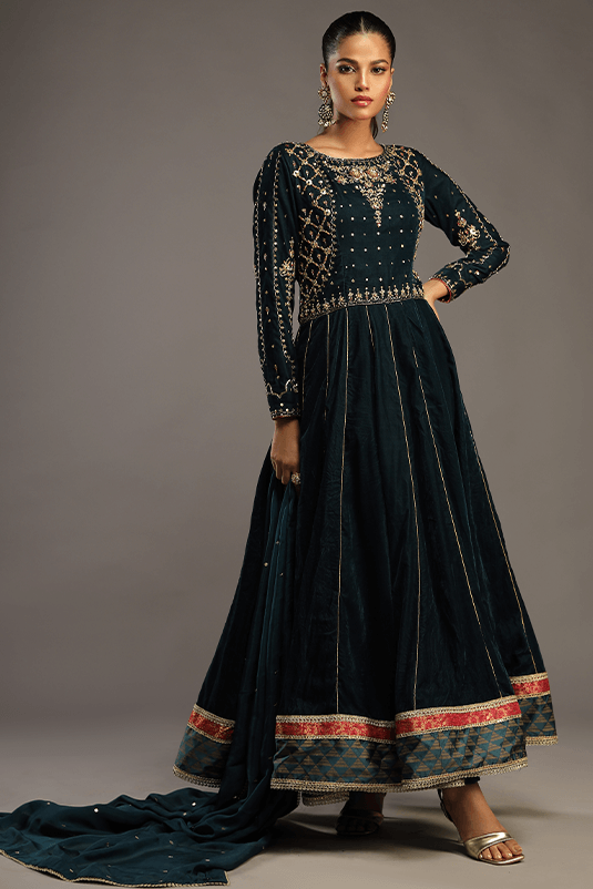 Teal Handworked Velvet Pishwas Dress (3-Piece) - Image 2