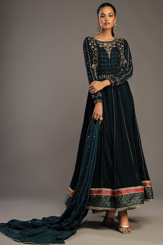 Teal Handworked Velvet Pishwas Dress (3-Piece) - Image 3