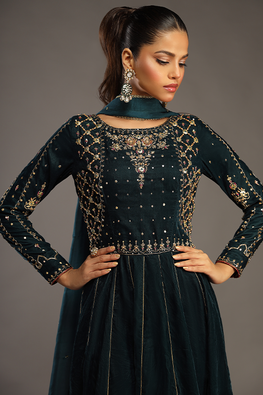 Teal Handworked Velvet Pishwas Dress (3-Piece) - Image 4