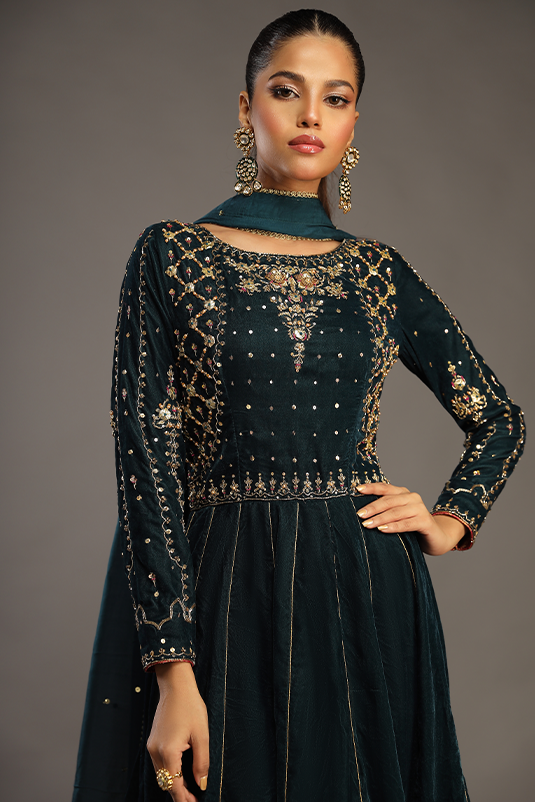 Teal Handworked Velvet Pishwas Dress (3-Piece) - Image 5