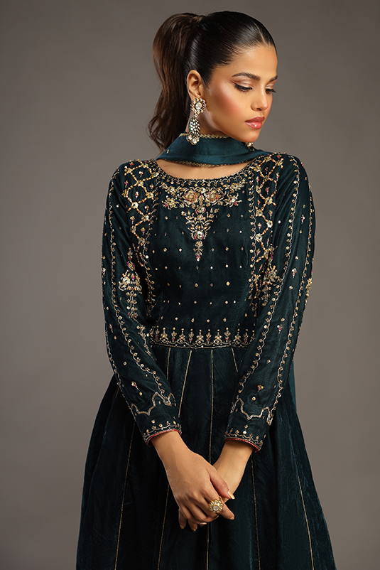 Teal Handworked Velvet Pishwas Dress (3-Piece) - Image 6
