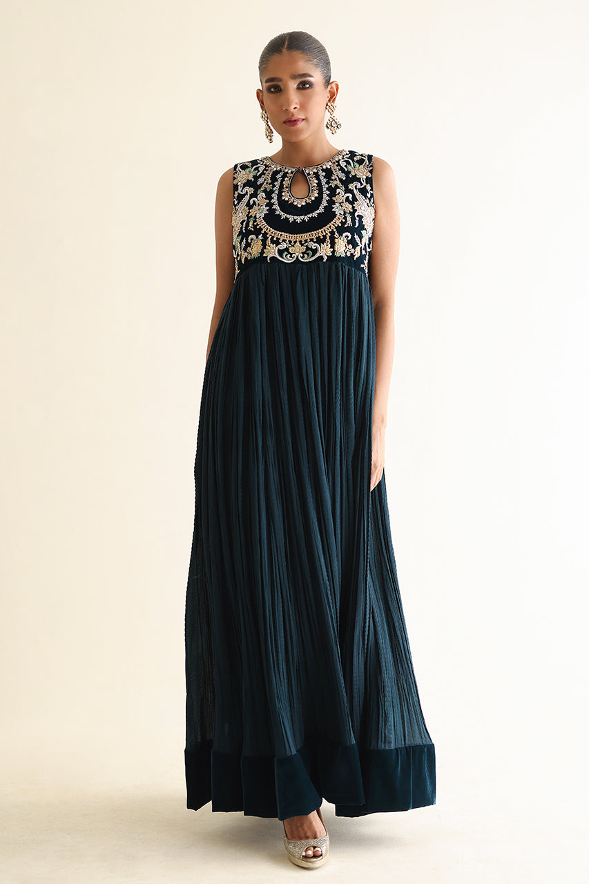 Deep Teal Zardozi Velvet & Silk Pishwas (3-Piece) - Image 1