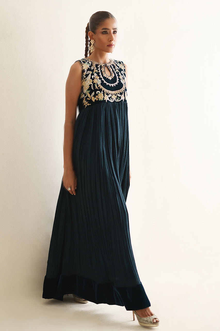 Deep Teal Zardozi Velvet & Silk Pishwas (3-Piece) - Image 2