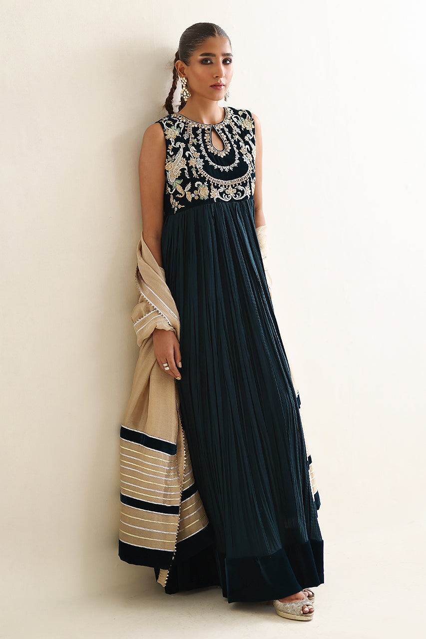 Deep Teal Zardozi Velvet & Silk Pishwas (3-Piece) - Image 3