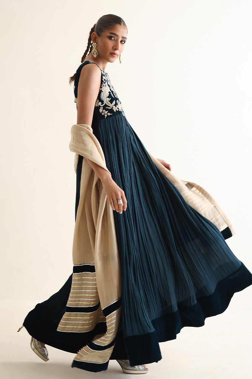 Deep Teal Zardozi Velvet & Silk Pishwas (3-Piece) - Image 7