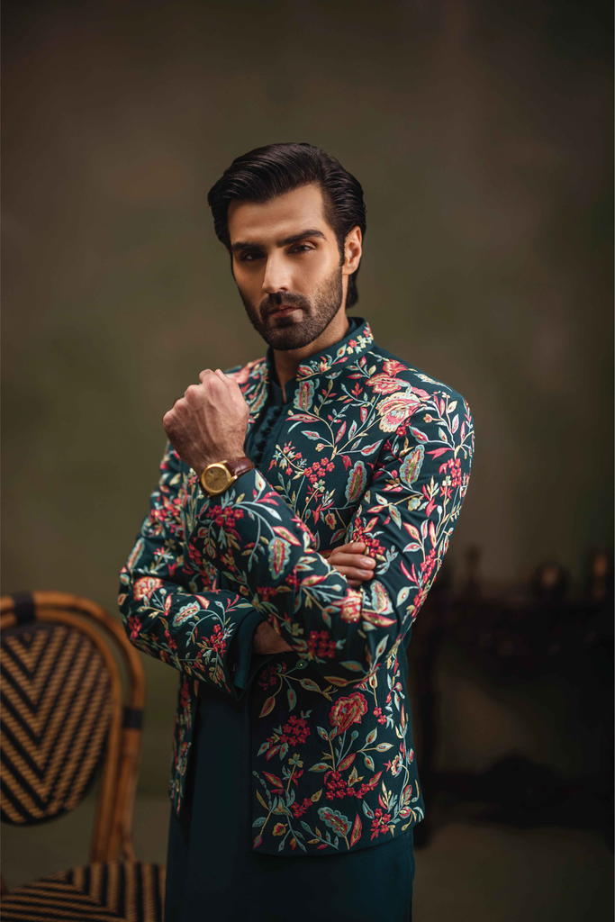 Teal Green Embroidered Cotton Silk Prince Coat (3-Piece) - Image 1