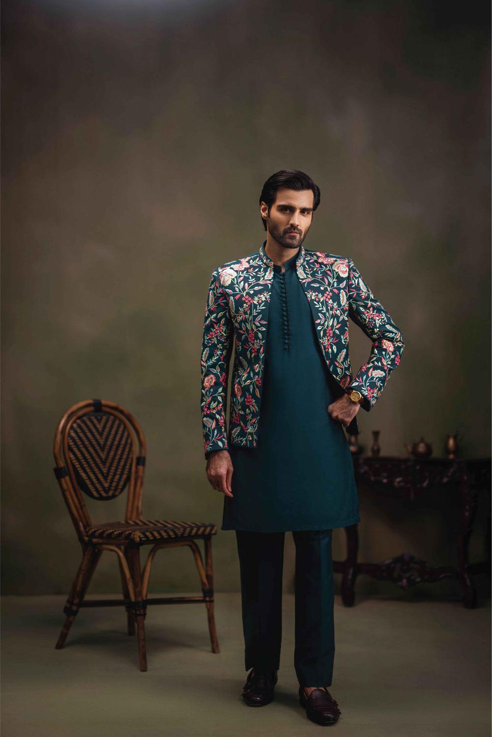 Teal Green Embroidered Cotton Silk Prince Coat (3-Piece) - Image 3
