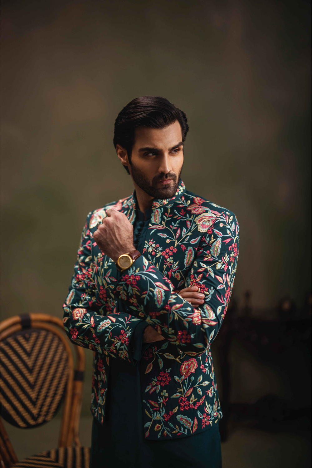 Teal Green Embroidered Cotton Silk Prince Coat (3-Piece) - Image 4