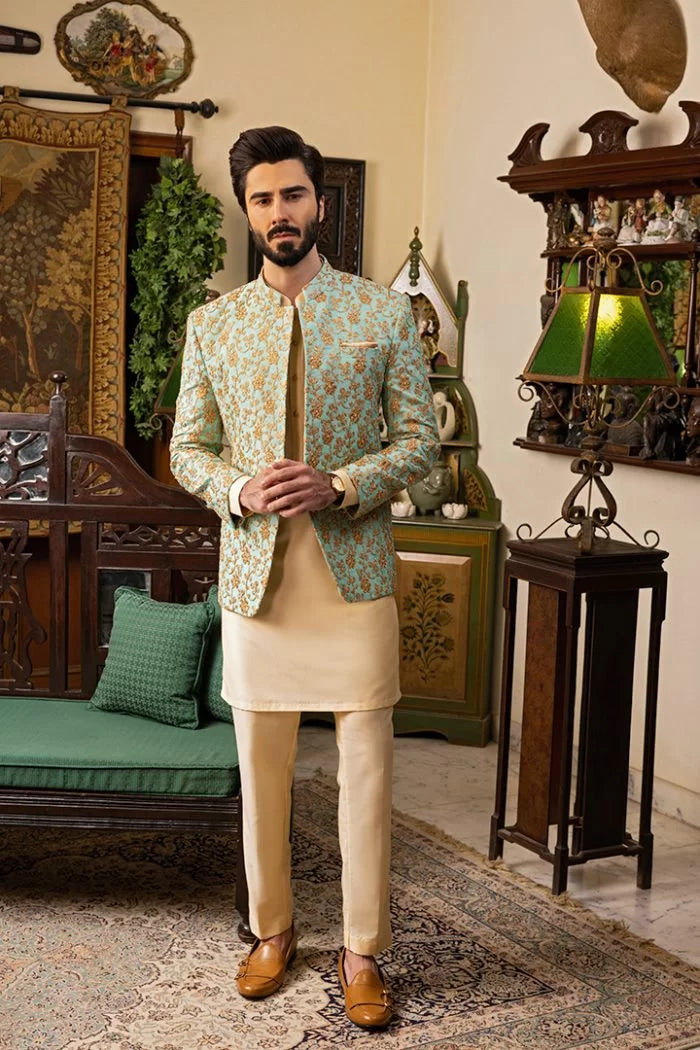 Turquoise Self-Embossed Prince Coat with Cream Kurta Pajama (3-Piece) - Image 2